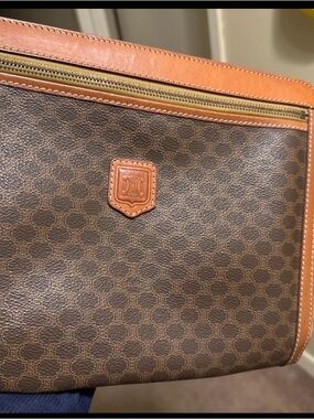 Celine Brown Monogram Clutch with Tan Leather Trim